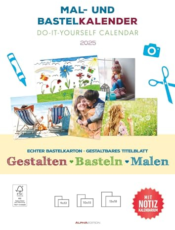 Alpha Edition - Mal- und Bastelkalender weiß 2025, 21x29,7cm, Do it yourself Kalender mit Seiten aus hochwertigem Bastelkarton, gestaltbares Titelblatt und viel Platz für Notizen