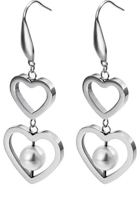 Homxi Baumeln Ohrringe Frauen,Damen für Edelstahl Ohrringe Doppelte Hohle Herzen mit Perle Ohrringe Damen Silber