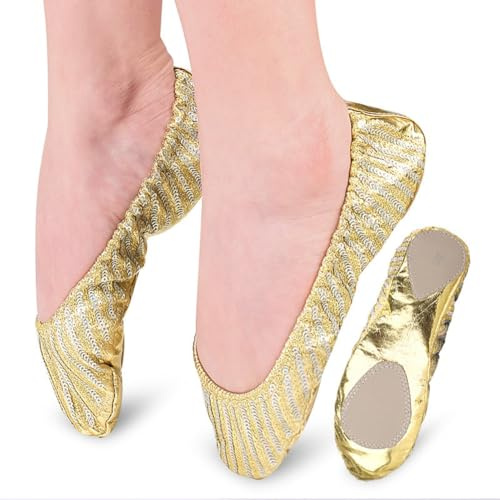 Wisafory 1 Paar Glitzer Ballettschuhe mit Pailletten Gold Tanzschuhe Damen PU-Leder Ballettschläppchen Elastisch Shine Ballet Flache Shoes für Fitnessstudio Yoga Bauchtanz Zubehör XL?40-41?
