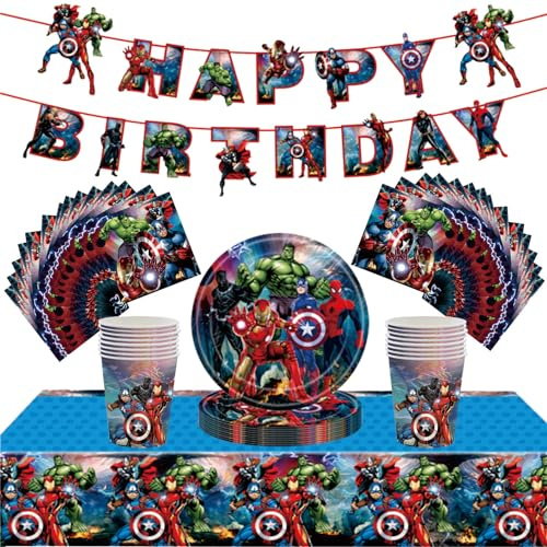 54 pezzi decorazioni per feste da tavolo supereroi per compleanno dei ragazzi, decorazioni cartone animato supereroi Avengers tovaglia, piatti di carta da 17,8 cm, striscione, tovaglioli di carta per