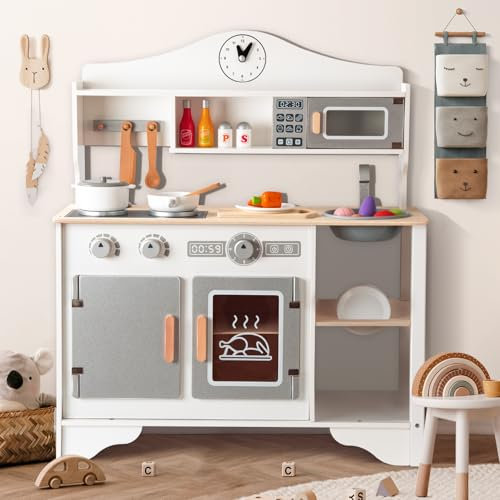 PLEKER Kinderküche Spielküche aus Holz ab 2 Jahr, Weiße Kinder Holzküche Inkl. 15 zubehör mit Kochfeld Rollenspiel 2 3 4 5 Jahre Weihnachts Geschenk für Kinder