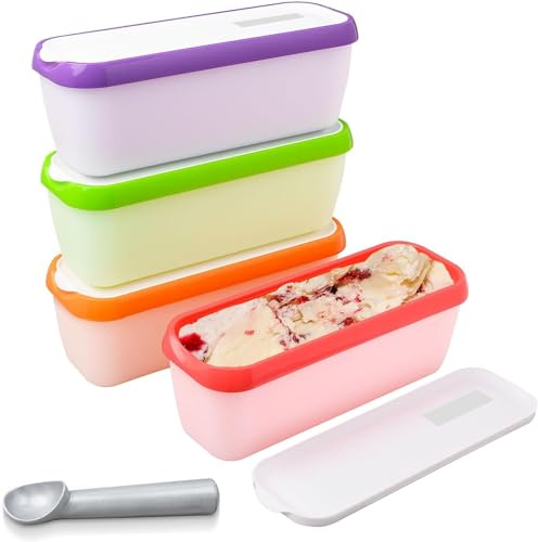 Lot de 4 récipients à crème glacée – 1,5 litre – Rangement réutilisable pour crème glacée maison pour sorbet, yaourt glacé – Couvercles flexibles en silicone, cuillère, empilables