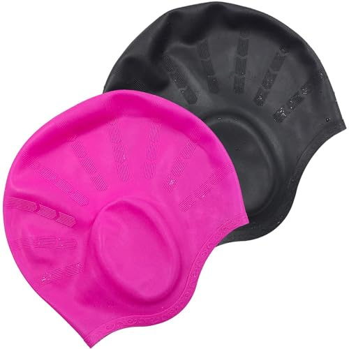 Swimming Cap, 2 Pack Silicone Swim Cap for Women Men | Durable, Non-Slip, Waterproof, 3D Ear Protection