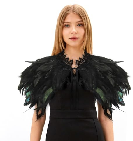 Svart fjädersjal, gotisk fjäder, fjädrad epauletter, halloweensjal, fjädercape, korpdräkt för halloween, karneval, cosplay, maskerad