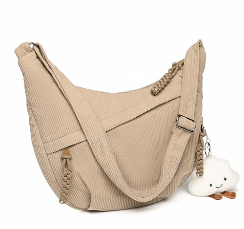 Micmores Umhängetasche Damen aus Cord, Modell 2026 - Qualitäts-Upgrade Crossbody Moon Bag mit iPad-Fach, Stylische Halbmond Tasche mit verstellbarem Schultergurt für Alltag & Reisen (Khaki)