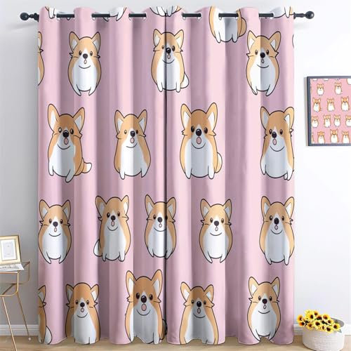 Verdunkelungsvorhänge Tier Cartoon Corgi Verdunkelungs Vorhänge zum Rosa H260 x B140 cm (2er Pack) Abdunkelnde Vorhänge Wohnzimmer Blickdichte Ösenvorhang