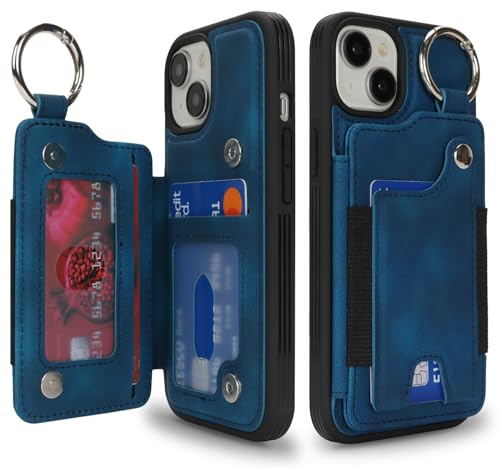 SailorTech iPhone 13 Leather Case with Keychain Ring, Credit Card Holder, Kickstand Card Slots for Women and Men - Royal Blue