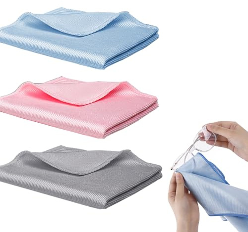 VONJUMA 3 Pezzi Panni Lucidanti In Microfibra Per Lucidare Il Vetro 100% Senza Pelucchi Per Vetro Superfici Lucide Senza Aloni Microfibra Circa 40×40Cm Grigio Blu Rosa