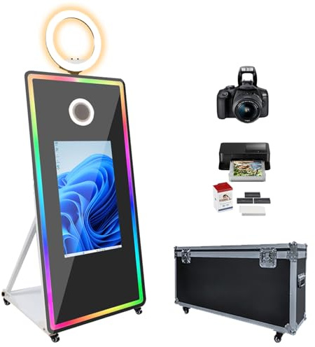 Photomaton miroir de 165,1 cm avec imprimante et appareil photo Magic Mirror Photo Booth 81,3 cm Écran tactile Selfie DSLR Photobooth Machine pour fêtes, événements, location, mariage, Noël