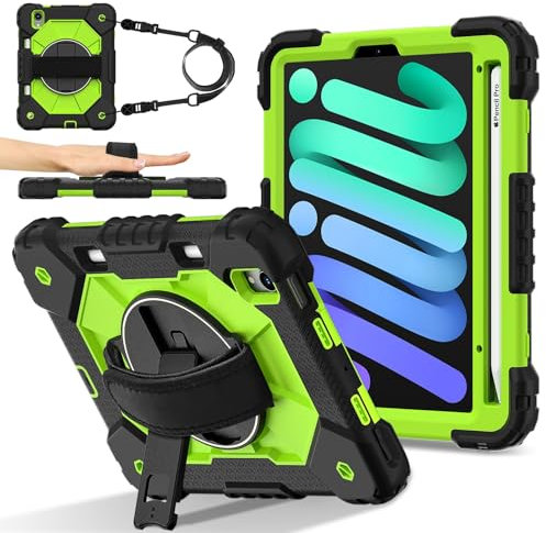 Voyage sur tablette Étui compatible avec iPad Mini 7 (A17 Pro) 2024/Mini 6 8,3 pouces 2021 avec porte-crayon, support de poignée multifonction rotatif à 360 degrés + bandoulière, étui de protection an