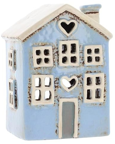 Lichthaus | Teelichthaus | Lichterhaus | Teelichthalter | Kerzenhalter | Keramik (Hellblau/Weiß 12,5x9x7,5 cm)
