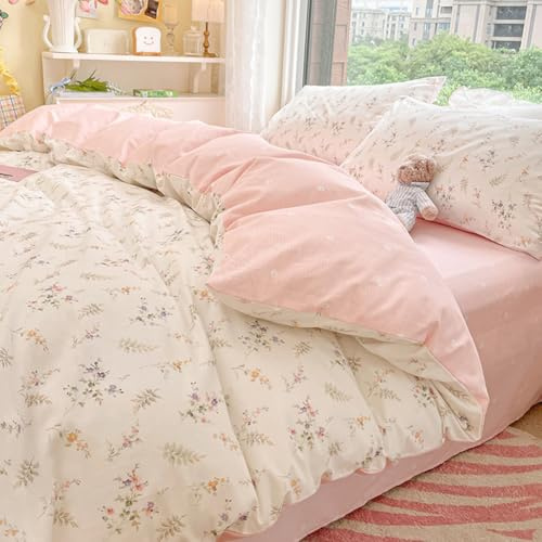 Nyescasa Bettwäsche 220x240 Rosa Lila Blumen Grün Blätter Aesthetic Bettwäsche Mädchen Weich Mikrofaser Wendebettwäsche Set mit Reißverschluss und 2 Kissenbezug 80x80cm