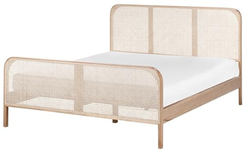 Beliani Bett Kiefernholz Hellbraun mit Wiener Geflecht Kopfteil 160 x 200 cm Gonfaron