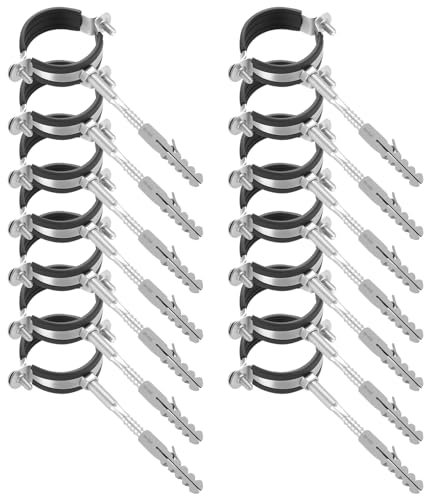14 Stück 50mm Rohrschellen Set - 14 Schraubrohrschelle + 14 Dübel + 14 Stockschrauben, Rohrhalterung Rohrbefestigung mit Gummieinlage für Lüftungskanäle, Rundleitungen und Klempnerarbeiten