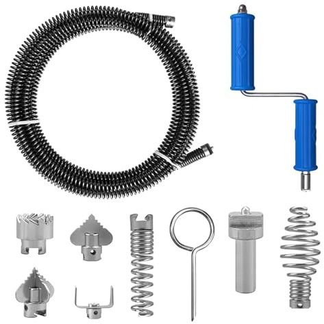 SuQurtom Rohrreinigungsspirale 12mm x 5m Abflussreiniger Spirale mit 6 Schneidköpfen, Manuelle & Elektrische Abflussreinigung, Abfluss Rohrreinigung, Stahl