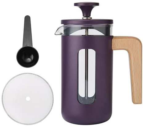 La Cafetière Pisa, Caffettiera francese da 3 tazze, con robusto stantuffo in acciaio inox, resistente al calore, viola, con elegante manico in legno naturale, versatile, per caffè e tè, 350 ml