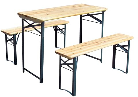 STEINWOHN Balkon-Bierzeltgarnitur 3-teilig 110cm lang | 1 x Tisch 2 x Bank | aus Holz mit lackiertem Stahlgestell | Klappbare Festzeltgarnitur