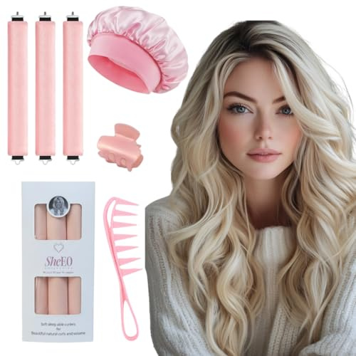 SheEO 6 Piece heatless Hair Curler Set, 3 heatless Curling rods, 1 Silk Bonnet, 1 Hair Clips, Wide Tooth Comb. Includes tutorials from Leading Stylist to Create Overnight Curls with Velvet Rollers