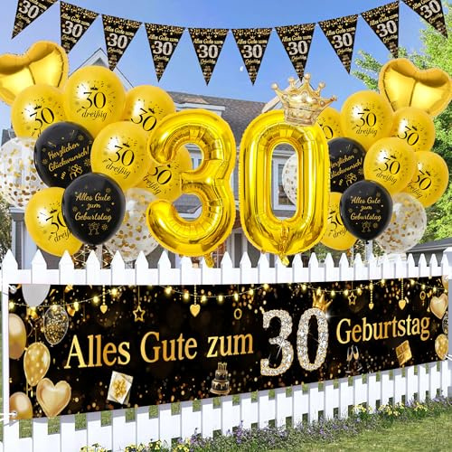 Tasoraor 30 Geburtstag Deko Mann Frauen - Schwarz Gold Große Alles Gute zum 30 Geburtstag Banner (270 x 45), Konfetti Ballons Wimpel und XXL Zahlen Luftballon für Männer 30 Geburtstagsdeko