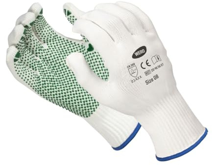 WERO Premium Grip Feinstrickhandschuhe – 12 Paar, Größe 8, Weiß/Grün - Montagehandschuhe mit Vinylnoppen, guter Grip, atmungsaktiv & hautverträglich