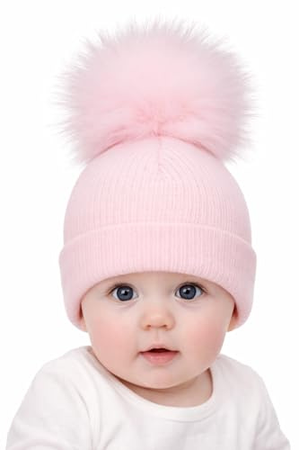 SOHOBABY British Made Knitted Baby Hat with Single Faux Fur Pom Poms, Soft Stretch Winter Beanie for Baby Boy & Baby Girl, Newborn Bobble Hat, 100% Acrylic, Newborn to 18 Months