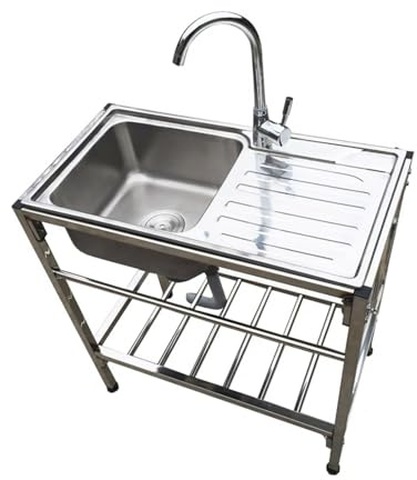 Gewerbliche Küchenspüle,Werkbank Spülbecken Outdoor,Spülbecken Edelstahl 1 Becken,mit Wasserhahn Lagerregale,für Außen Innen Wäsche.(78x43x77cm)