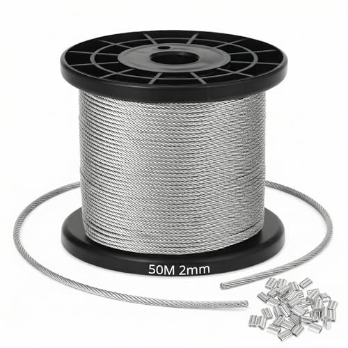 QWORK® 2 mm x 50 m vajerlina, 304 rostfritt ståltråd, med 40 aluminiumhylsor – 7 x 7 bultkärna, 50 kg säker bärkraft, 160 kg brottkraft