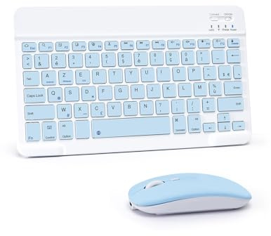 LAMA Clavier et Souris sans Fil Bluetooth, Clavier Universel Ultra-Mince Rechargeable pour Tablette, Compatible avec iPad/Tablette/iOS/Android/Windows, AZERTY Français, Bleu