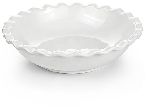 LONTOM 22CM Crinkle Rim Pie Dish for The Oven,Large White Ceramic Deep Pie Dish,Durable Non-Stick Pie Plate Baking Dishes Flan Dish for Pies,Pasty,Shepherd’s Pie,Tarts & Desserts,Pizza Dishwasher Safe