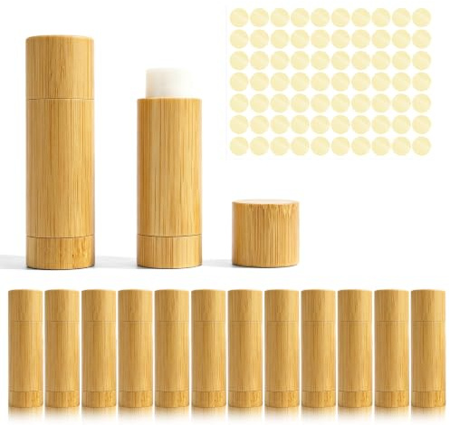 12 tomma läppstift läppstiftshylsor med klistermärken, 5 ml gör-det-själv läppar balsam rör behållare av trä, påfyllningsbara tomma läppbalsam, hemlagade läppbalsam