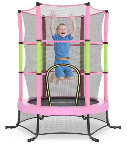 SONGMICS Cama Elástica Infantil, 174 cm de Diámetro, con Redes de Seguridad, Almohadillas de Seguridad, Mini Cama de Fitness, Marco de Acero, Uso Interiores, Exteriores y Jardín, Rosa STR050S101