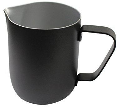 Dianoo Jarra de leche, taza de leche de acero inoxidable, jarra de espuma de buen agarre, jarra de café, máquinas de espresso, espumador de leche y arte con leche, 1 unidad (350 ml), color negro