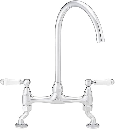 ENKI KT099 Astbury Deck Mounted Traditional Kitchen Tap, Chrome, Sink Mixer | Solid Brass, Ceramic Disc Valve, Swivel Spout, Easy Install, Fittings Included, Swan Neck, Farmhouse Kitchen