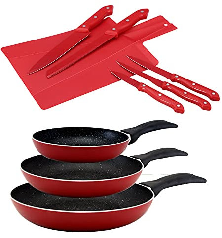 San Ignacio Juego de sartenes (16,20,24 cm) Revestimiento en marmol y Set 6 Cuchillos de Acero Inoxidable, Aluminio prensado, Negro/Rojo, PK3010