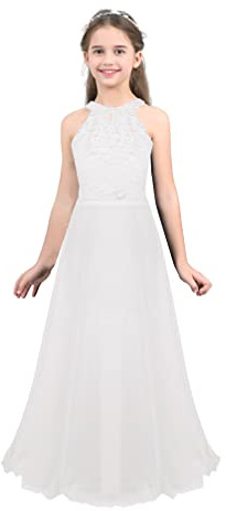 Agoky Mädchen Ärmellos Spitze Hochzeit Blumenmädchenkleider Kinderkleid Festlich Kommunionkleid Bodenlang Rock Weiß 140