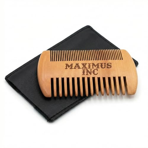 Maximus Inc - Wooden Beard Comb & Pick for Black Men, Dual Fine & Wide Tooth Bamboo Mustache Detangler, Mens Pocket Hair Grooming Kit in Leather Case