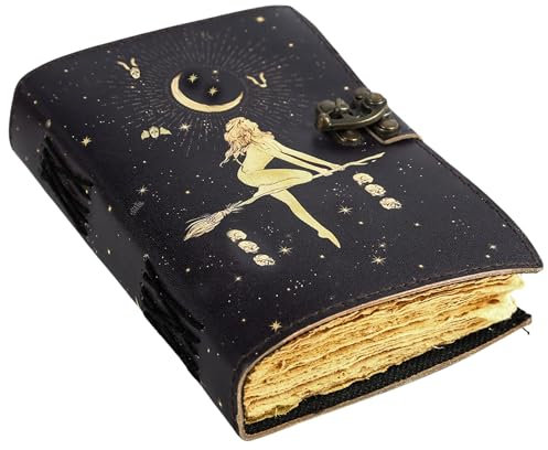 Himmlische Sonne und Mond, handgefertigtes Vintage-Leder-Tagebuch, Büttenrand, blanko, Zauberbuch mit Schatten, Grimoire-Tagebuch, Geschenk für ihn, Mondphase, Totem-Talisman-Drucke (17,8 x 12,7 cm)