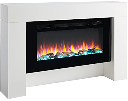 FLAMME 55 Freestanding Electric Fireplace Suite, Carmaux, White | With 1kW-2kw Heater, 3 LED Flame Colours, 13 Fuel Bed Lighting Options, Logs & Crystal Included, Remote Control
