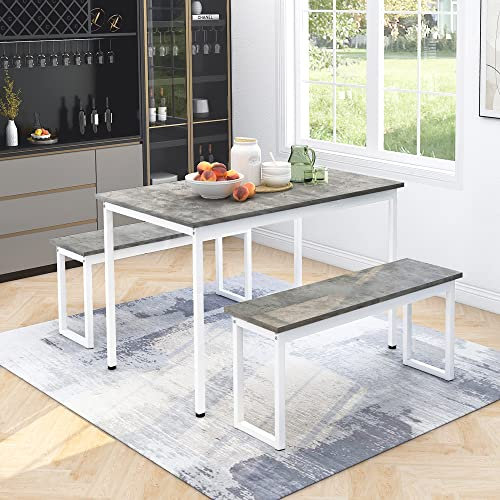 Merax 3-Piece Dining Sets,Table and Bench Set,Furniture Set for Home Kitchen Patio Outdoor Industrial Style Steel Frame And Imitation Marble Veneer 114 * 70 * 75cm Gray