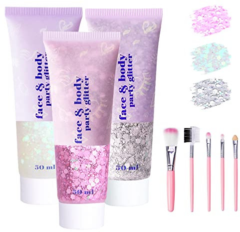 Body Glitter Gel 3 Bottle, Mermaid Sequins Chunky Glitter Gel Kit, Long-Lasting Halloween Festival Glitzer Gesicht, Körperglitzer für Festival Maskerade Make-up Weiß+Silber+Rosa