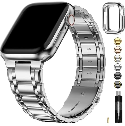 Fullmosa Bracelet Compatible avec Apple Watch 40mm 41mm 38mm Bracelet de remplacement en acier inoxy pour Femme Homme avec étui protection en TPU pour iWatch SE 3/2/1 Série 9/8/7/6/5/4/3/2/1,Argent