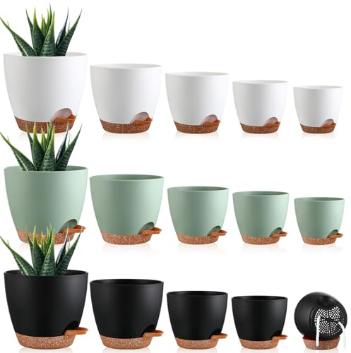 Remerry 15 Pcs 7/6.5/6/ 5.5/5 Inch Self Watering Planters with Drainage Hole Plant Pots Plastic Flower Pots Indoor Plant Pots Self Watering Pots and Saucer Reservoir for Indoor Outdoor Plant Flower