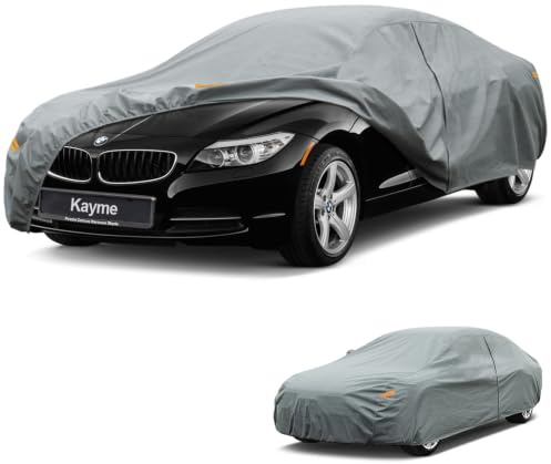 kayme Robustes Autoabdeckung Wasserdicht Atmungsaktiv, Vollgarage Autoplane für Regen Sonne Staub Schutz, Abdeckplane für BMW 3er, VW EOS, Nissan 350z/370z, BMW Z3/Z4 usw.(bis zu 450 cm) 3M