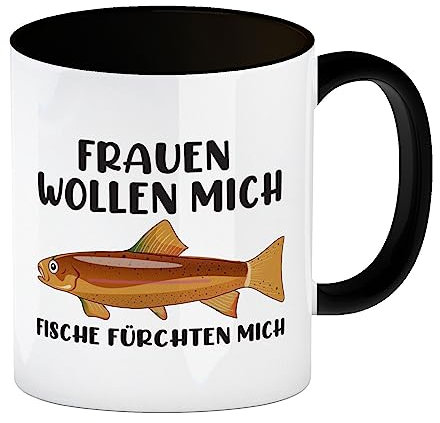 Frauenheld und Angler Kaffeebecher in schwarz mit Spruch Frauen wollen mich Fische fürchte Mich Frauenheld Tasse Kaffeetasse Angeln witzig