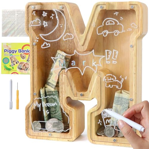 Lakpopya Spardose Kinder Jungen, Personalisiert Holz A-Z Sparschwein | Durchsichtig Buchstabe A-Z Sparbüchse für Kinder Mädchen Erwachsene mit Aufklebern und Filzstift, Taufe Geschenk Dekoration