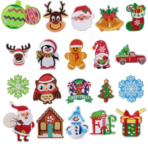 20pz Toppe Termoadesive Natalizie, Toppe Natale Ricamate da Stirare Cucire, Patch Babbo Natale Applique Riparazione Vestiti Fai da Te Natale, con Kit da Cucito (colorato 20pz)