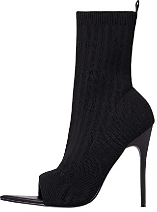 Momolaa Women Knee High Boots Size 6 Sexy Stiletto High Heel Open Toe Knit Ankle Boots Peep Toe Knit Sock Booties Black