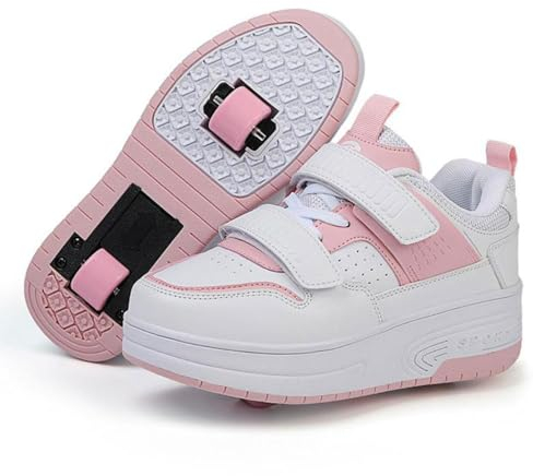 ObaBO Schuhe mit Rollen Mädchen Jungen, 2-in-1 Multifunktionale Turnschuhe mit 4 Rollen, Sportschuhe für Kinder und Erwachsene, Skateboard-Schuhe,Pink-35EU