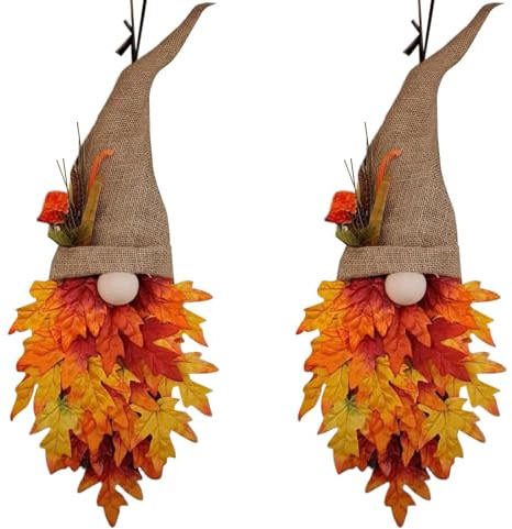 Künstlicher Kranz aus Ahornblättern, Wichtel Herbstgirlande mit Ahornblättern, 2 Stück Türdeko Außen Drinnen Herbstdeko, Wandgirlande für Eingangsbereich Wände Innenhof Tür Ver-anda Bauernhof