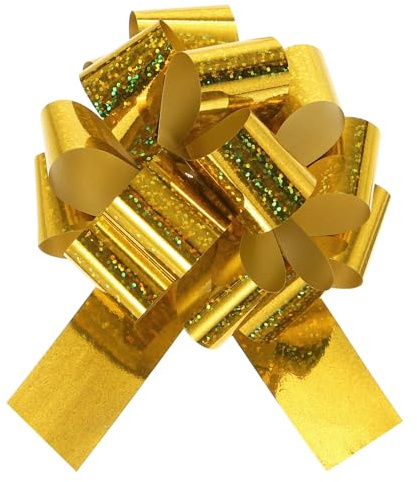 QUARKZMAN 10 Stück Große Geschenkschleife, Ziehschleife ø 10cm Metallische Geschenk Schleife, Bunte Dekoschleifen für Auto Dekor Hochzeit Geburtstag Verpackung Weihnachten (Gold)